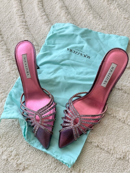Aquazzura Shoes - Aquazzura Pink/Purple Ombre Crystal-Strap Pointed Mule Heels / size 39.5